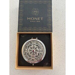 Monet Compact Mirror magnified & regular gunmetal stones filigree silver tone